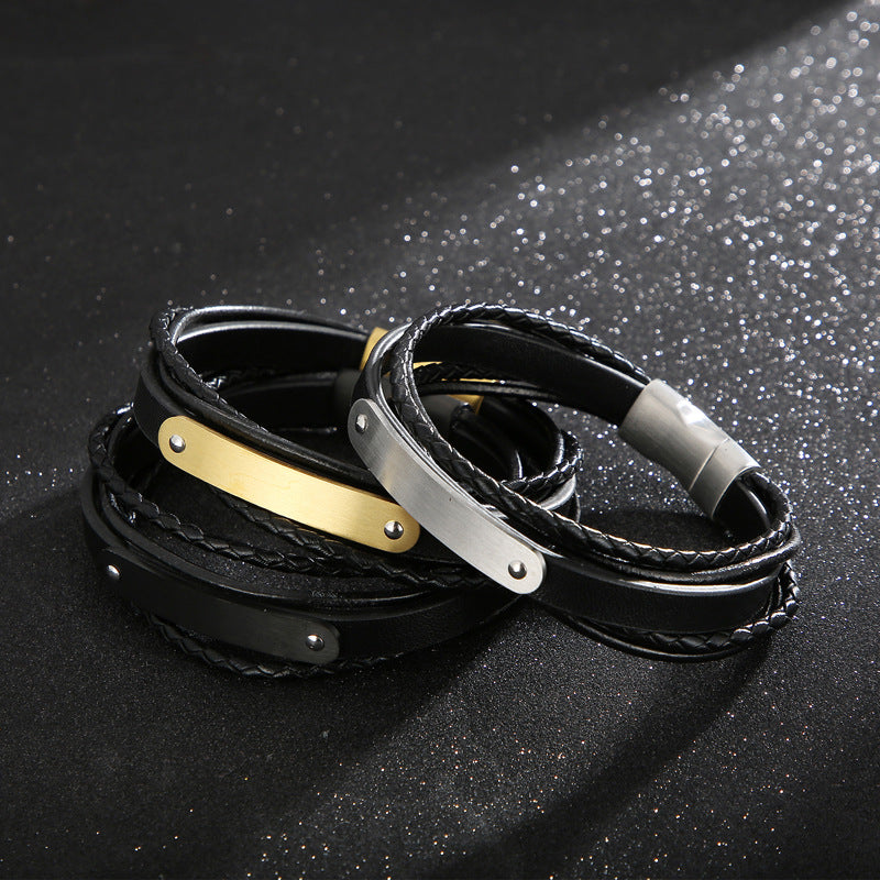 Planderful Mens Stainless Steel Magnetic Leather Bracelet