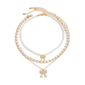 Layered Imitation Pearl Bow Tassel Necklace