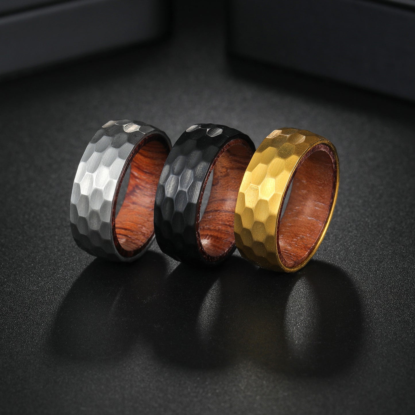 Planderful Everyday Genie Titanium Steel Ring With Pear Wood Inlay 8mm Beating Pattern Unisex For Men
