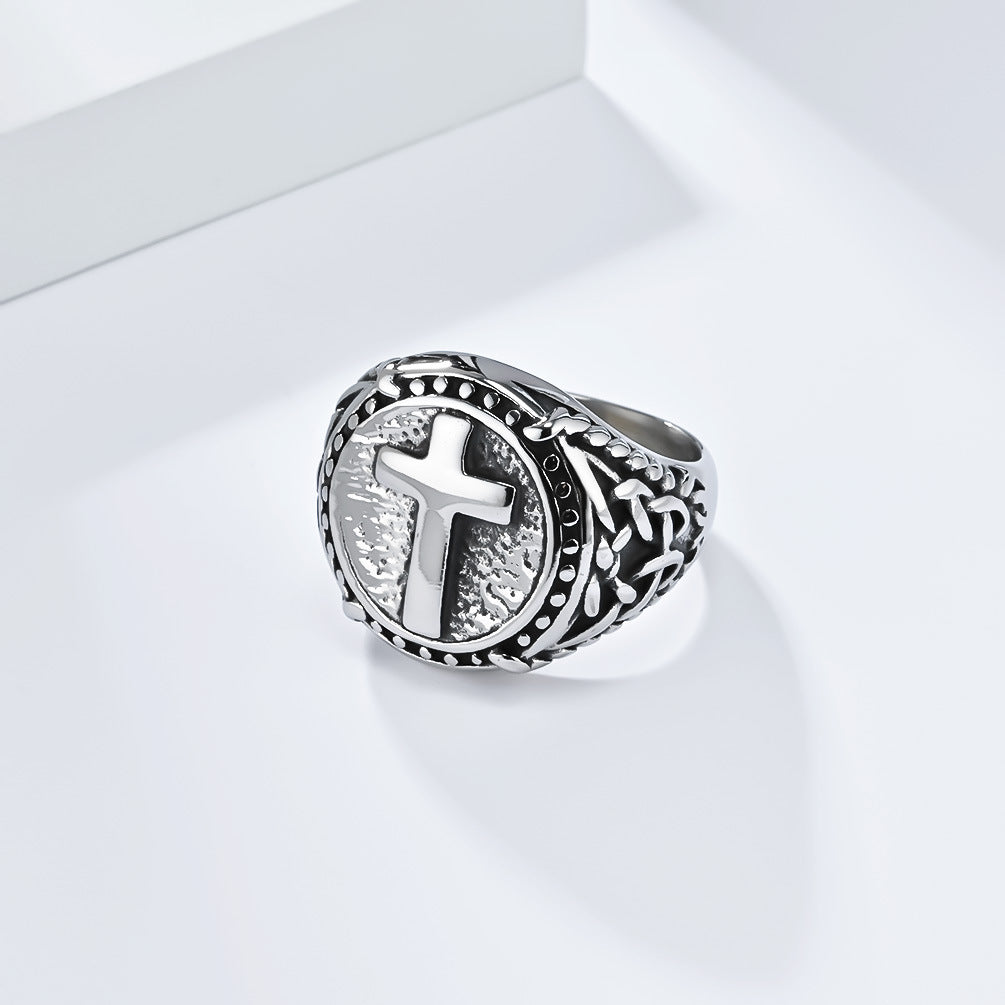 European And American Retro Titanium Steel Cross Ring For Men