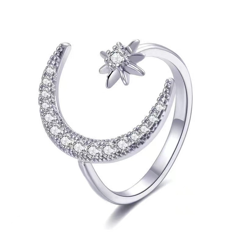 Crescent Moon Star Zircon Opening Sterling Silver Ring