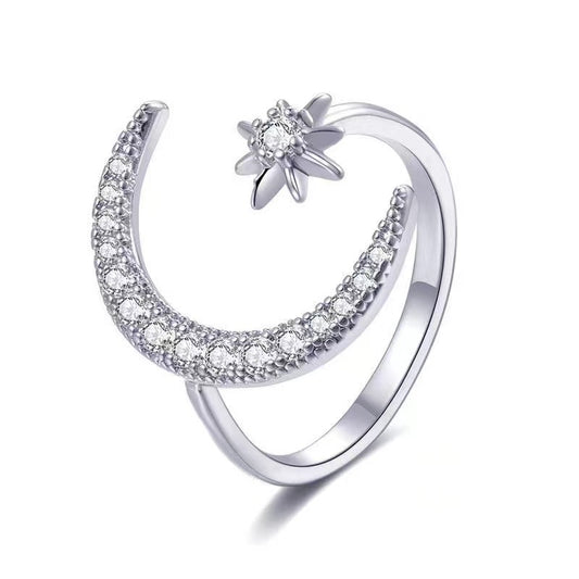 Crescent Moon Star Zircon Opening Sterling Silver Ring