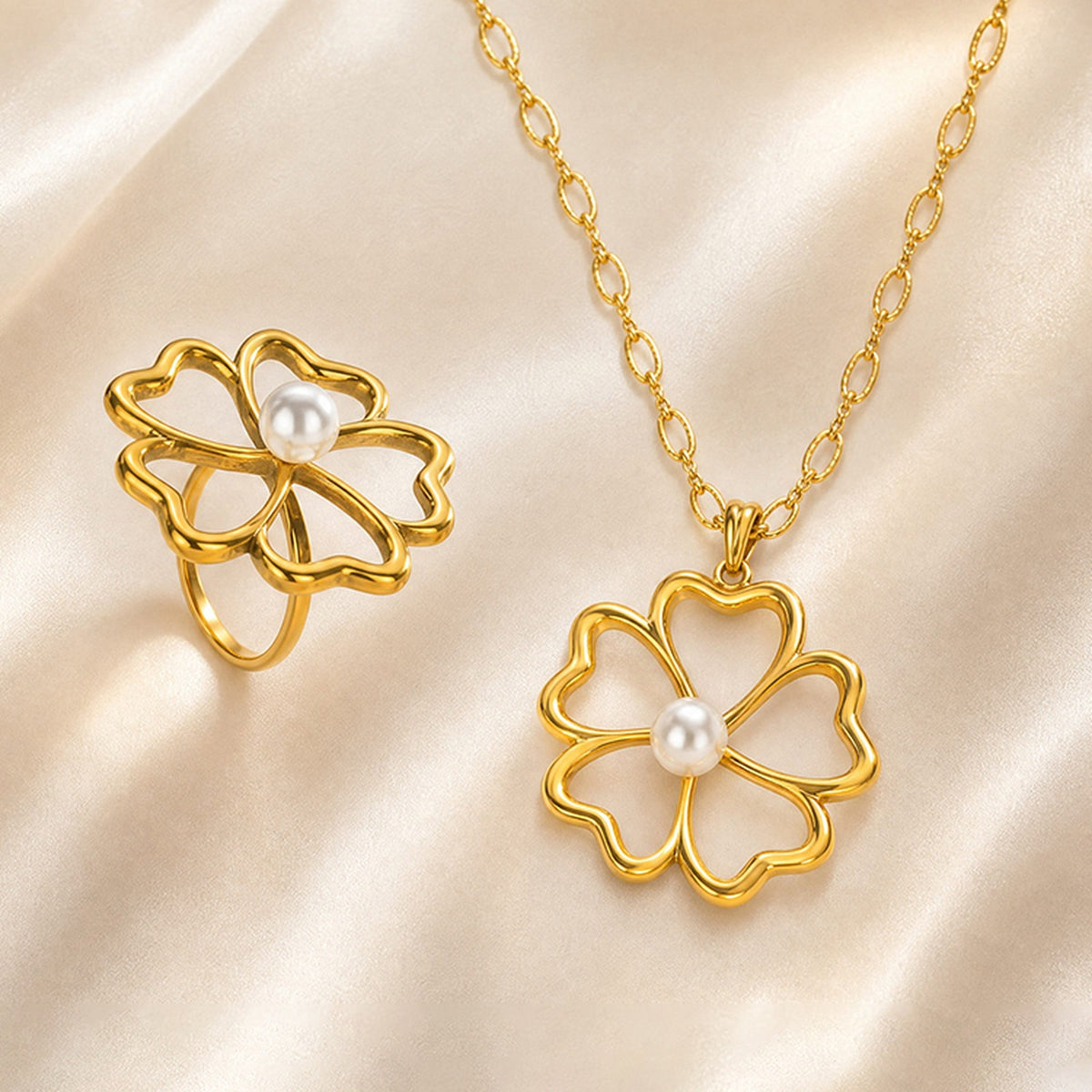 Metal Hollow Flower Imitation Pearl Necklace – Stainless Steel Elegant Ring