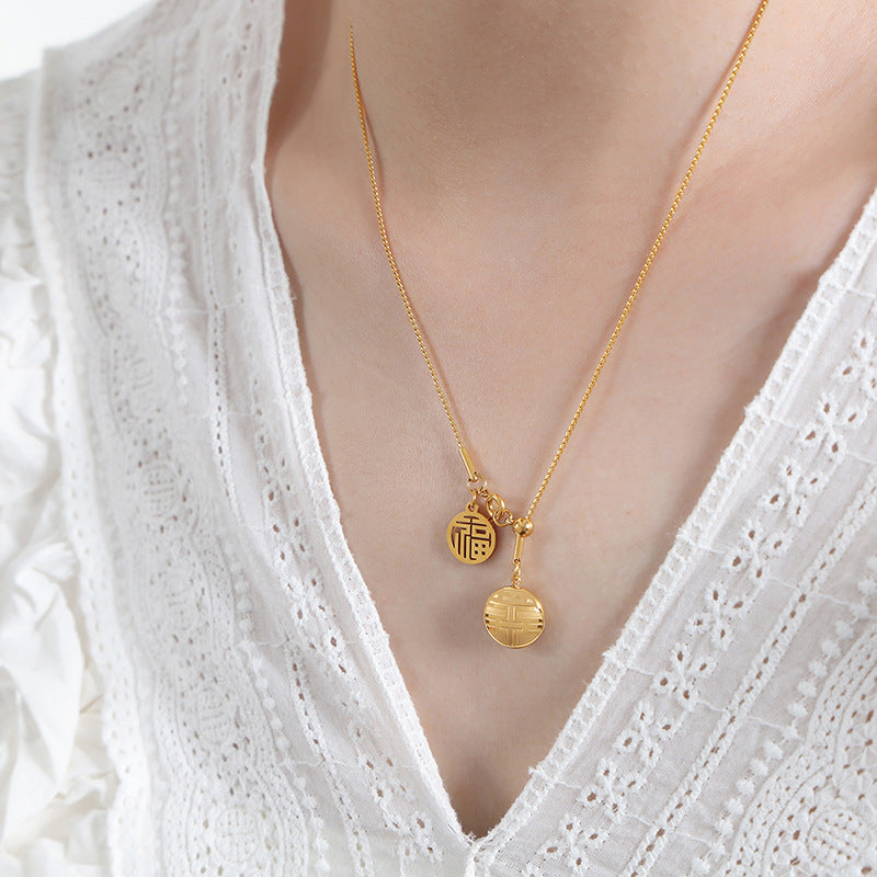 Lucky Character Pendant with Tassel - Festive Titanium Steel Necklace