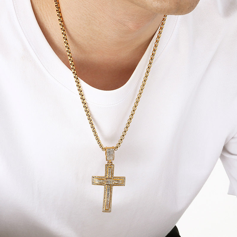 Bear Paw Pendant, Hip-Hop Three-Dimensional Double-Layer Cross Inlaid With Zircon Pendant, Titanium Steel Necklace