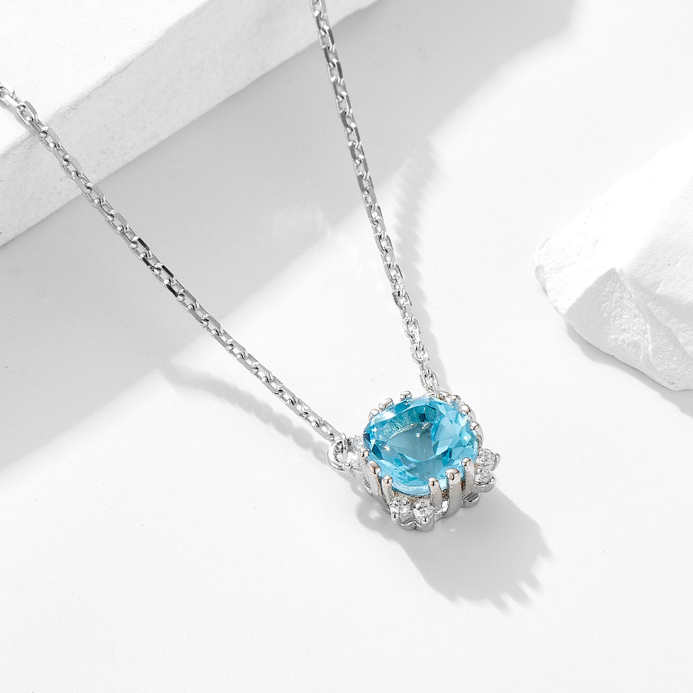 925 Sterling Silver Geometric Round Natural Topaz Pendant Necklace Elegant Necklace