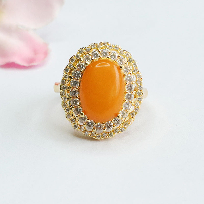 Amber Beeswax Sterling Silver Ring with Zircon Halo Lace