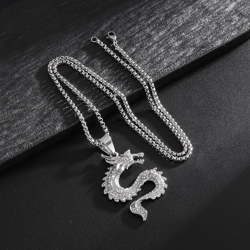 Dragon Zodiac Pendant Necklace Titanium Steel Gold Plated Zircon by Planderful Everyday Genie for Hip Hop Fans