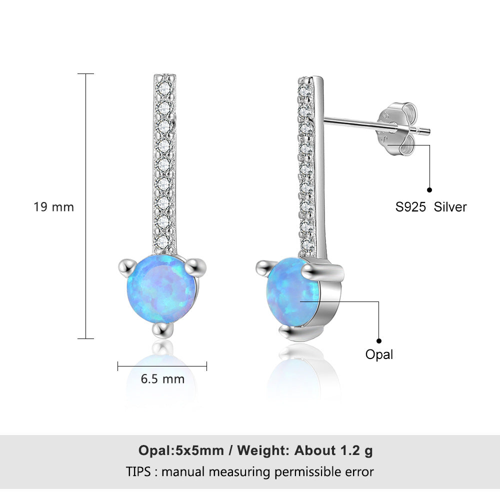 Planderful Jewelry Sterling Silver Opal Stud Earrings Blue Round Opal with Long Zircon Accent