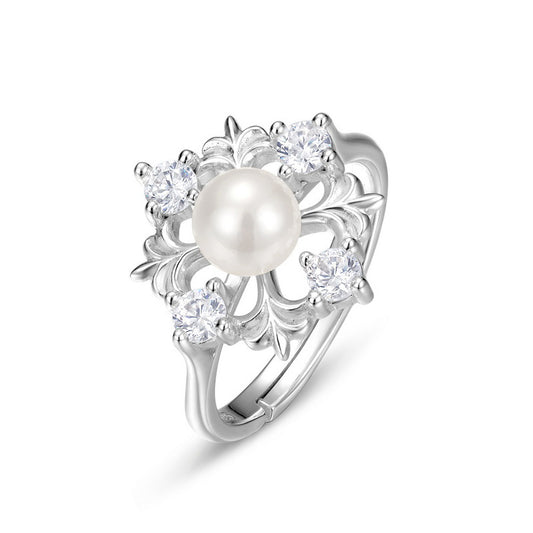 Christmas Pearl Zircon Snowflake Opening Sterling Silver Ring