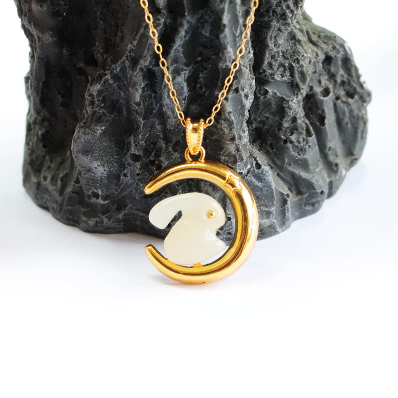 Hetian Jade Rabbit Moon Sterling Silver Necklace