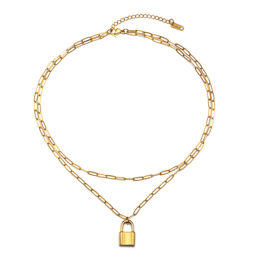 Stainless Steel Flat O-Chain Lock Head Pendant Necklace Gold
