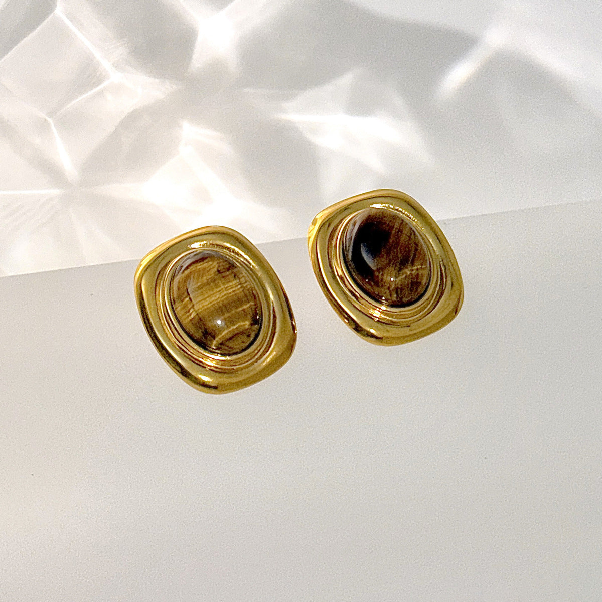 Planderful Stainless Steel Stud Earrings Tiger Stone Inlaid Geometric Pearl Square Statement For Trendsetting Women