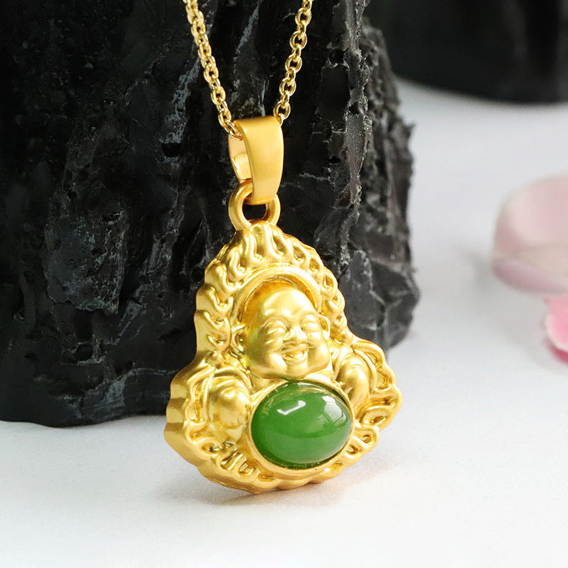 Hetian Jade Maitreya Buddha Oval Pendant with Jasper Accents
