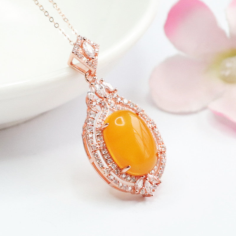 Rose Gold Necklace with Beeswax Amber Pendant and Zircon Halo