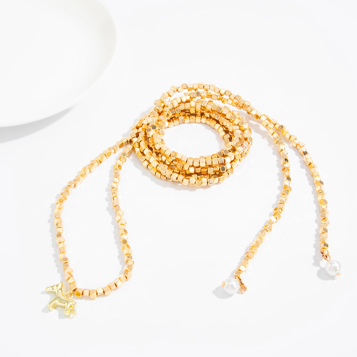 Square Bead Pearl-Style Wrap Necklace