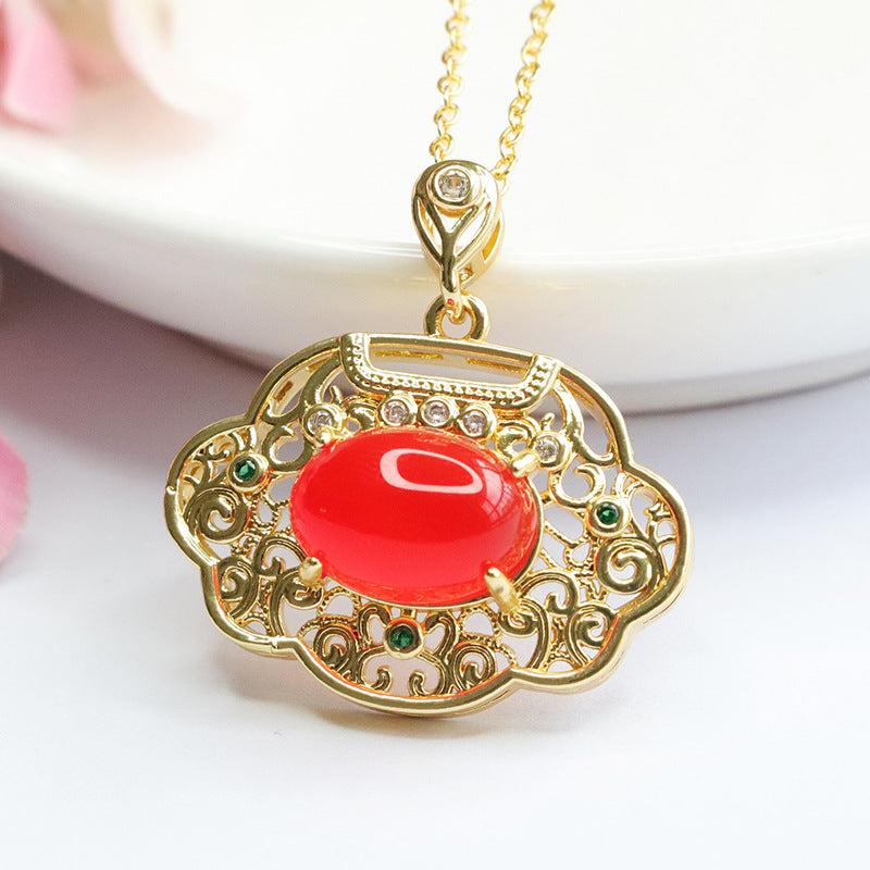 Oval Natural Red Agate Chalcedony Hollow Golden Wishful Lock Pendant Retro Jewelry