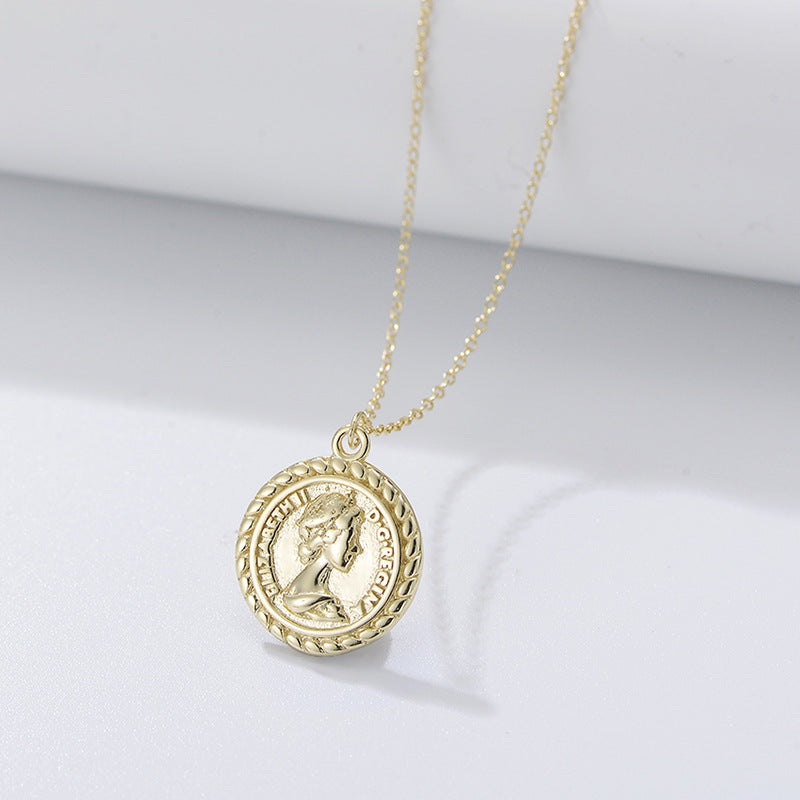 S925 Sterling Silver Portrait Relief Queen Coin Necklace Personality Hipster Retro
