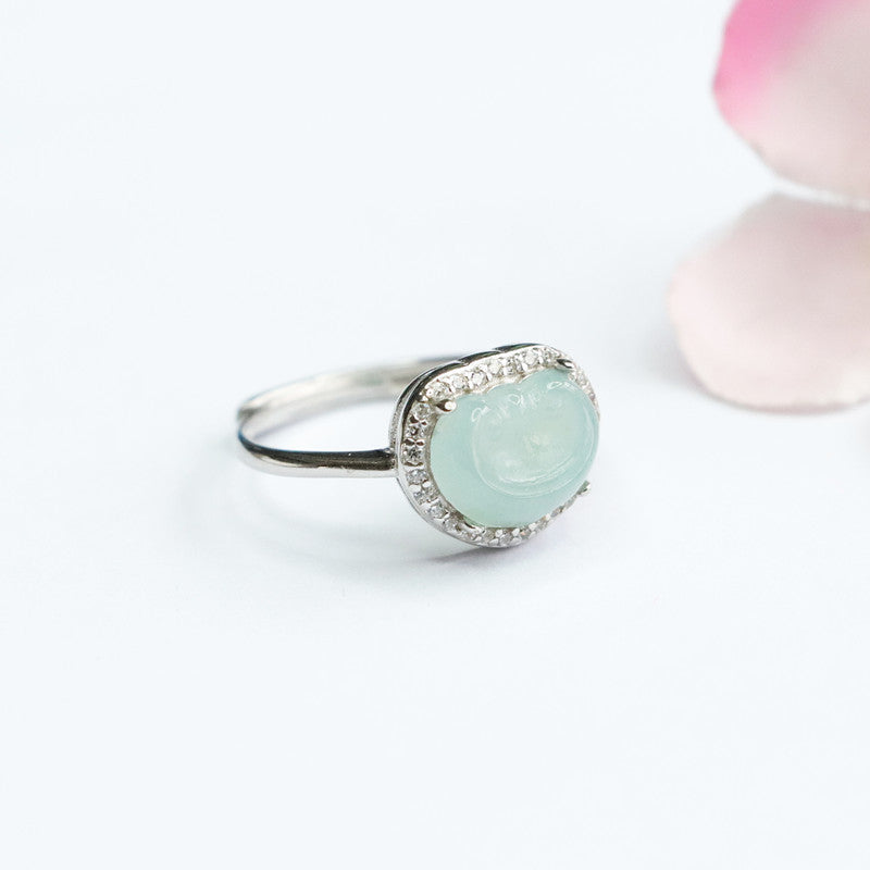 Sterling Silver Adjustable Ice Blue Green Jade Ruyi Ring with Zircon Halo