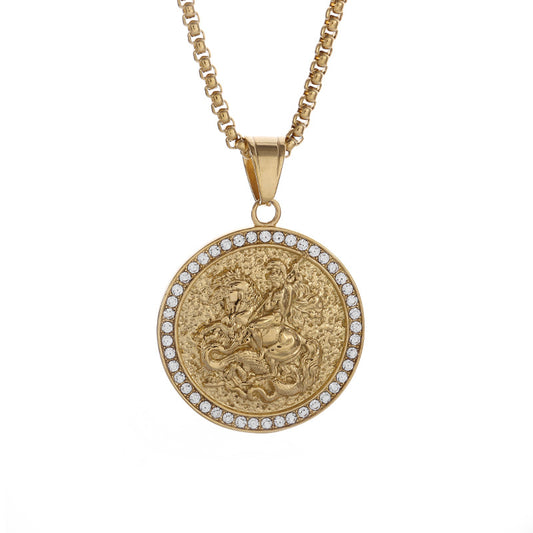 Planderful Hip Hop Necklace Titanium Steel Gold Plated St George Dragon Slayer Pendant For Hip Hop Fans
