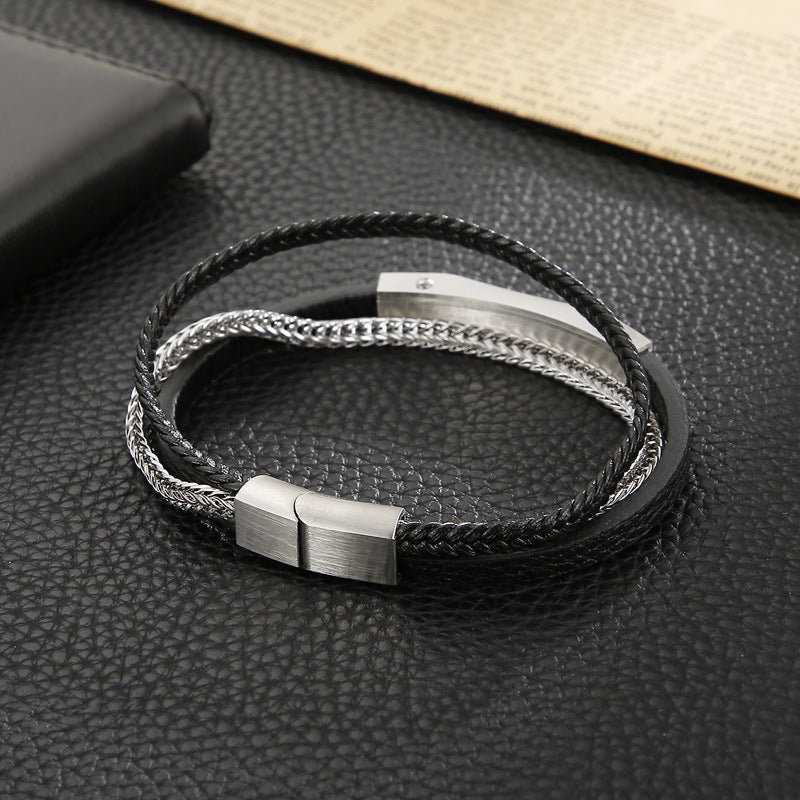 Planderful Mens Leather Bracelet MultiLayer Magnetic Buckle