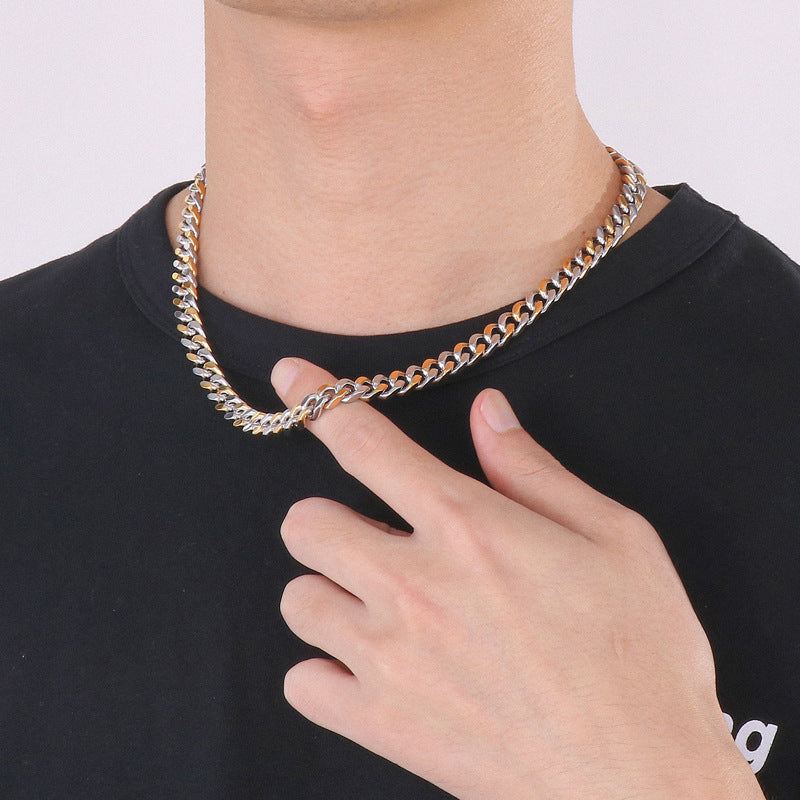 Stainless Steel Cuban Chain Bracelet, Rock Street Men's Vacuum Plated Four-Sided Grinding Square Necklace