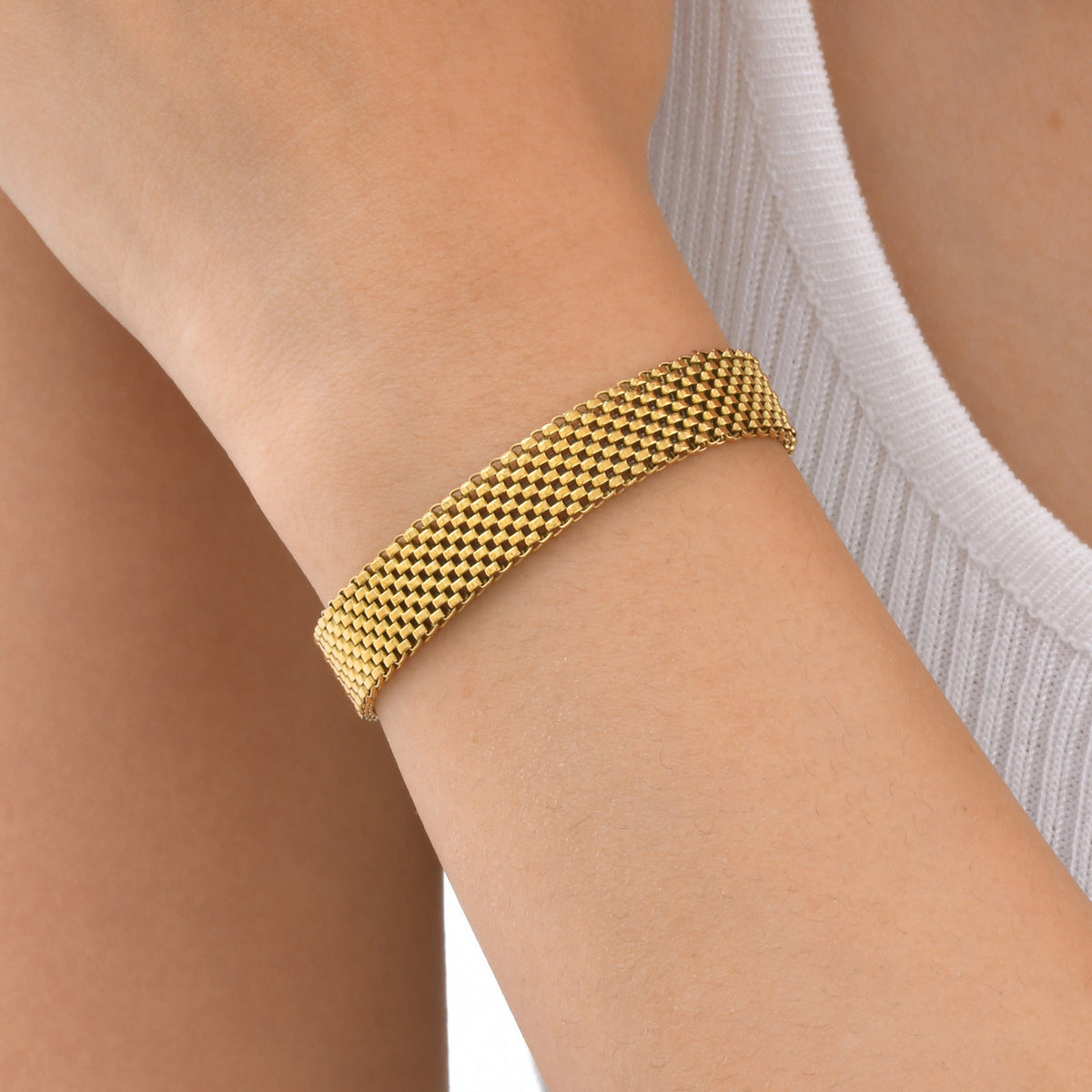 Wide Mesh Strap Gold Stainless Steel Bracelet for Women