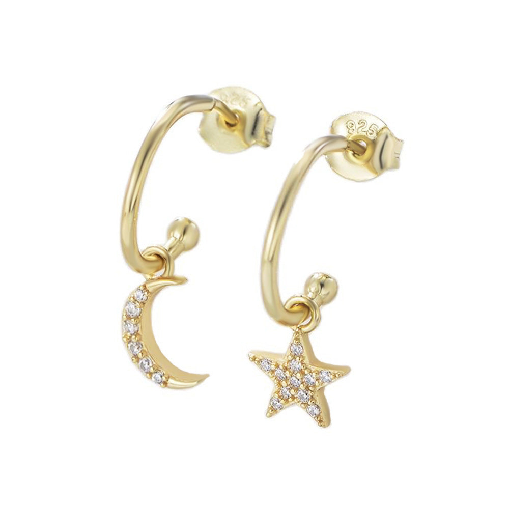 Moon And Stars Asymmetric Stud Earrings, Niche Design Zircon Sterling Silver Earrings
