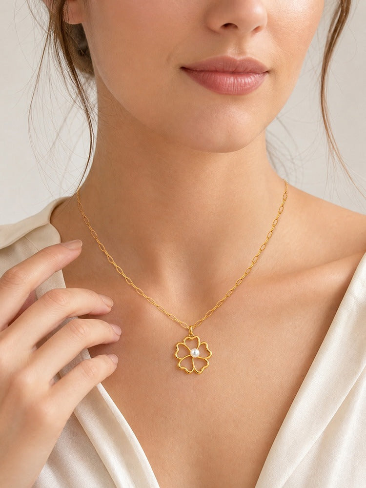 Metal Hollow Flower Imitation Pearl Necklace – Stainless Steel Elegant Ring
