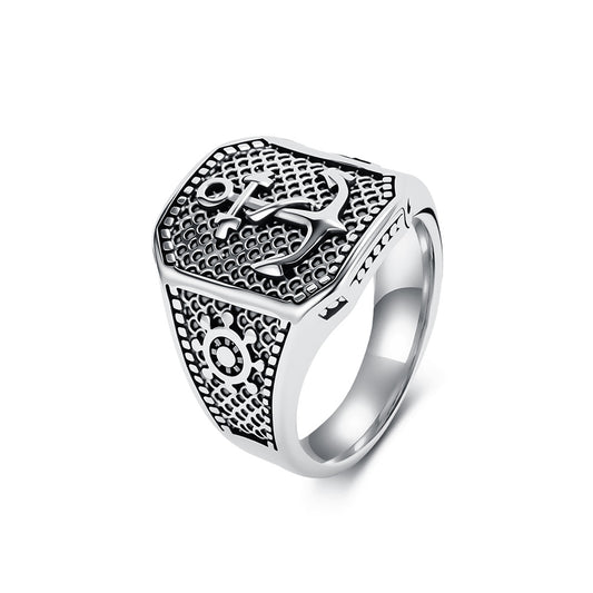 Nautical Anchor Ship Wheel Textured Vintage Stainless Steel Ring for Men