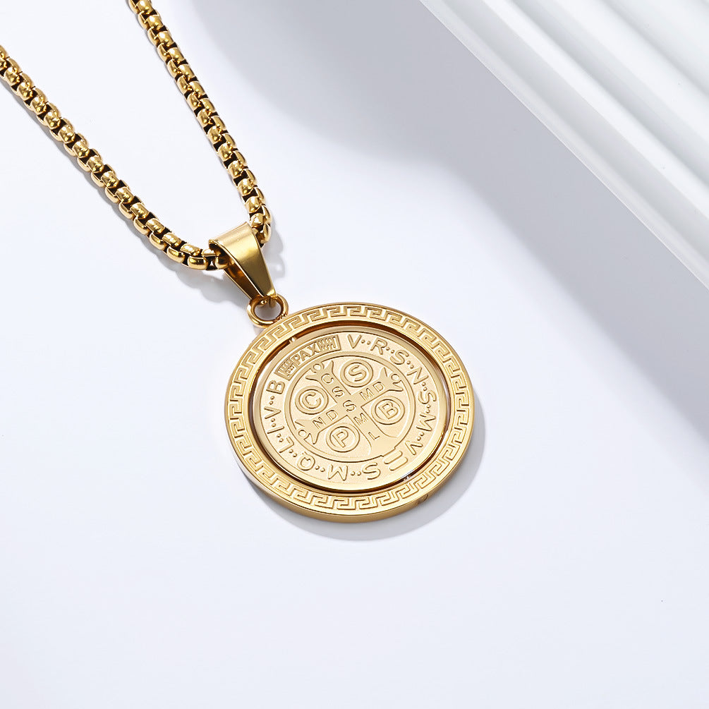 Planderful Saint Benedict Necklace For Men Rotatable Double Sided Stainless Steel Pendant Chain