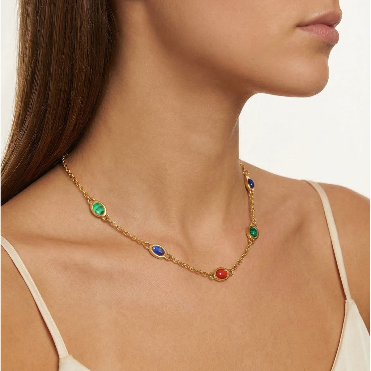 Stainless Steel Women's Colorful Natural Stone Collarbone Chain Necklace
