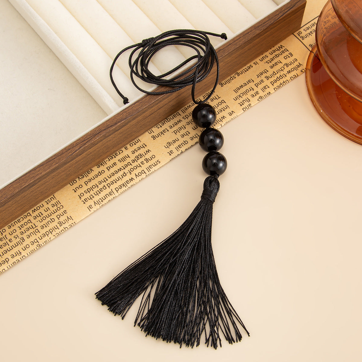 Black Acrylic Bead Tassel Long Necklace