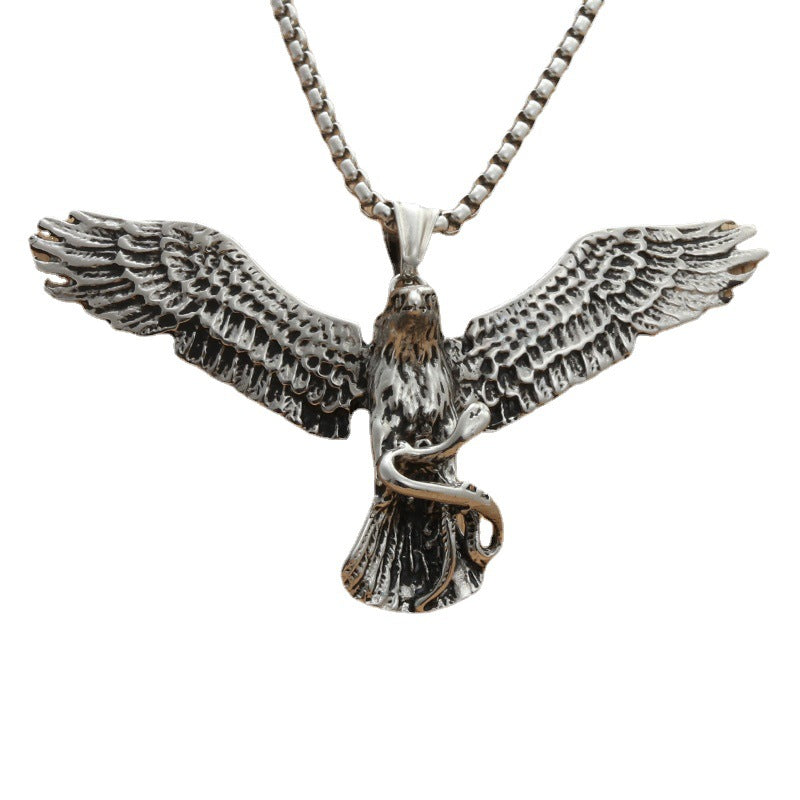 Personalized Retro Punk Titanium Steel Eagle Pendant Necklace for Men - Trendy Snake Catcher Design