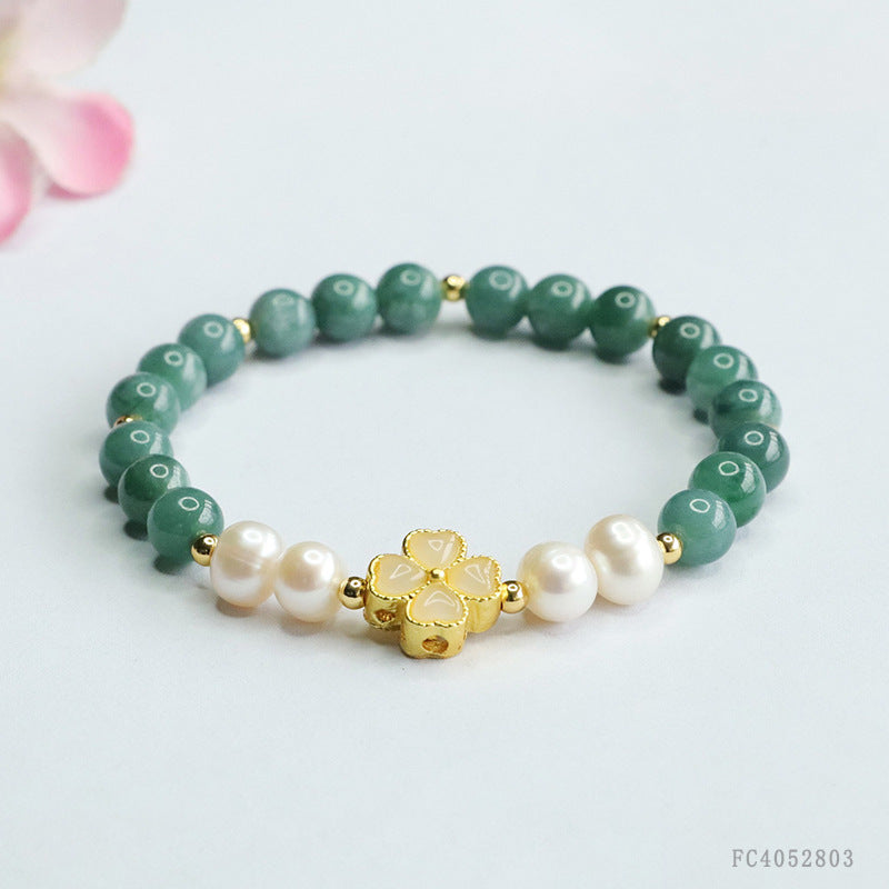 Blue Water Jadeite Four-Leaf Clover & Pearl Beaded Bracelet