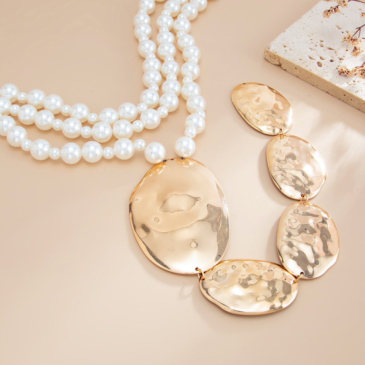 Hammered Sequin Pearl Layered Necklace