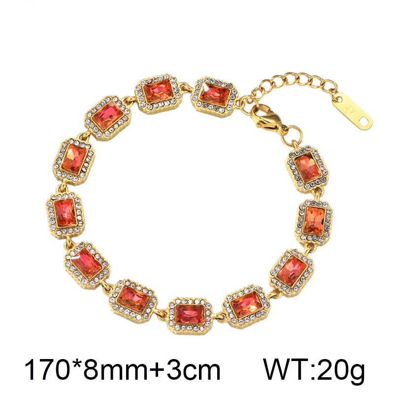 Color Surrounding Square Zircon Stainless Steel Bracelet Palace Style Adjustable
