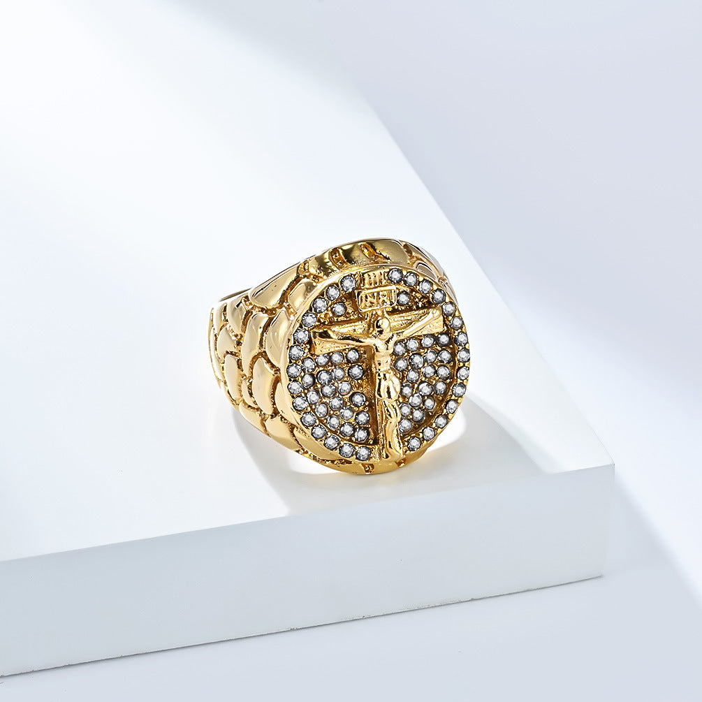 Planderful Mens Zircon Ring European American Retro Portrait Cross Titanium Steel Plated 18K Gold
