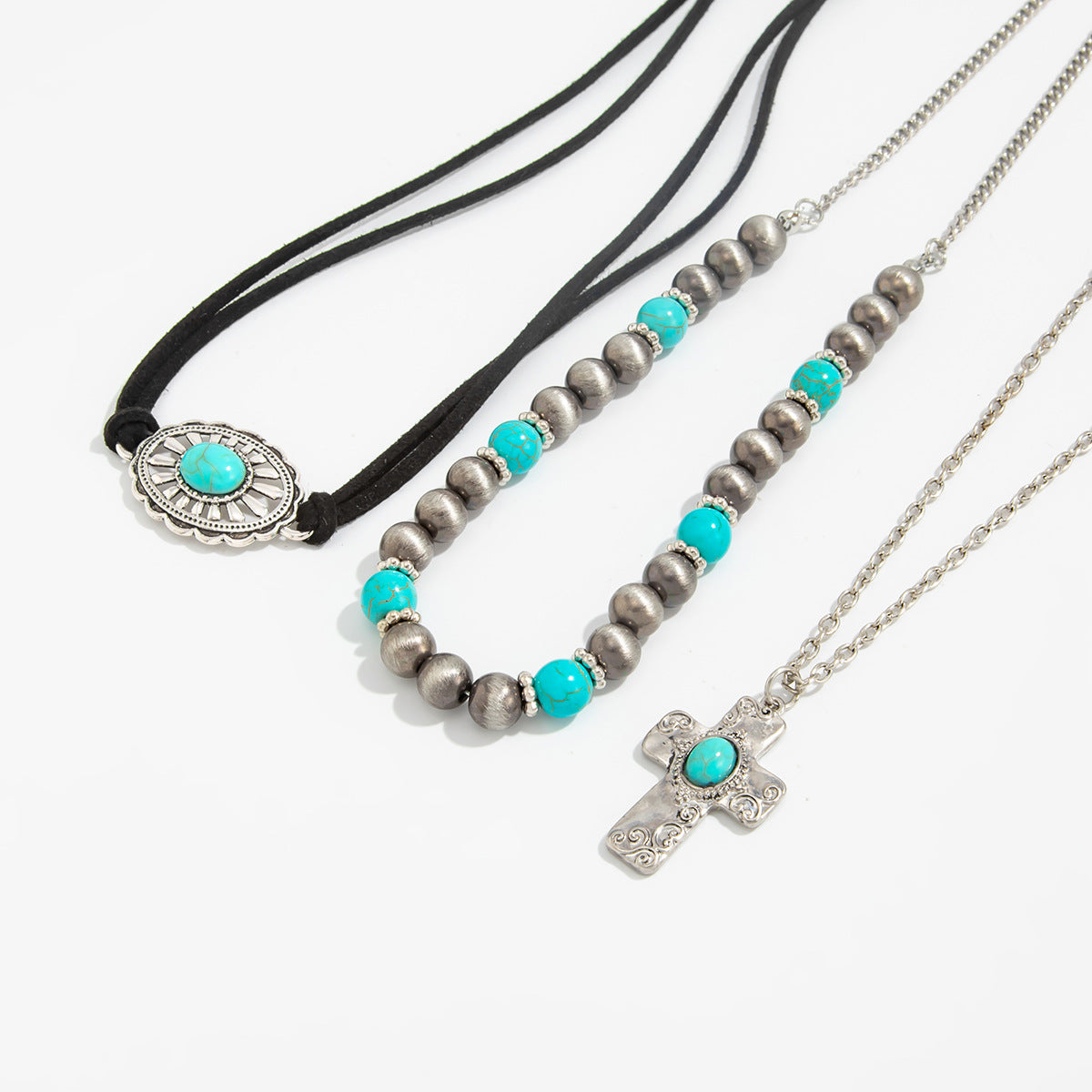 Retro Imitation Turquoise Stacked Western Denim National Cactus Cow Head Pendant Neck Necklace