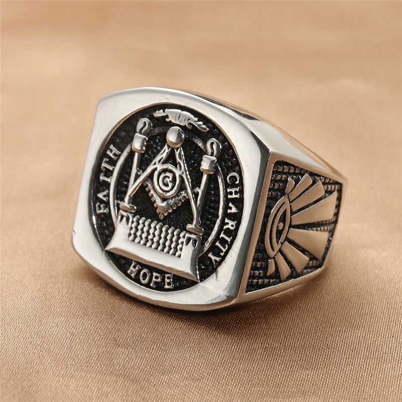 Trendy Titanium Steel Masonic Ring for Men - Retro Stainless Steel Letter Accessory