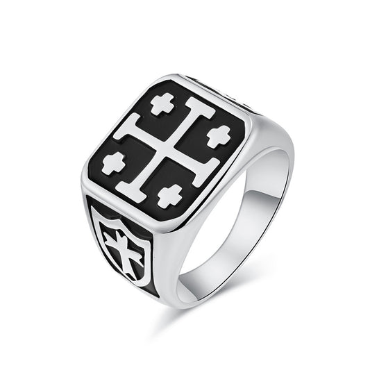 Jerusalem Cross Titanium Steel Ring for Men Vintage Style
