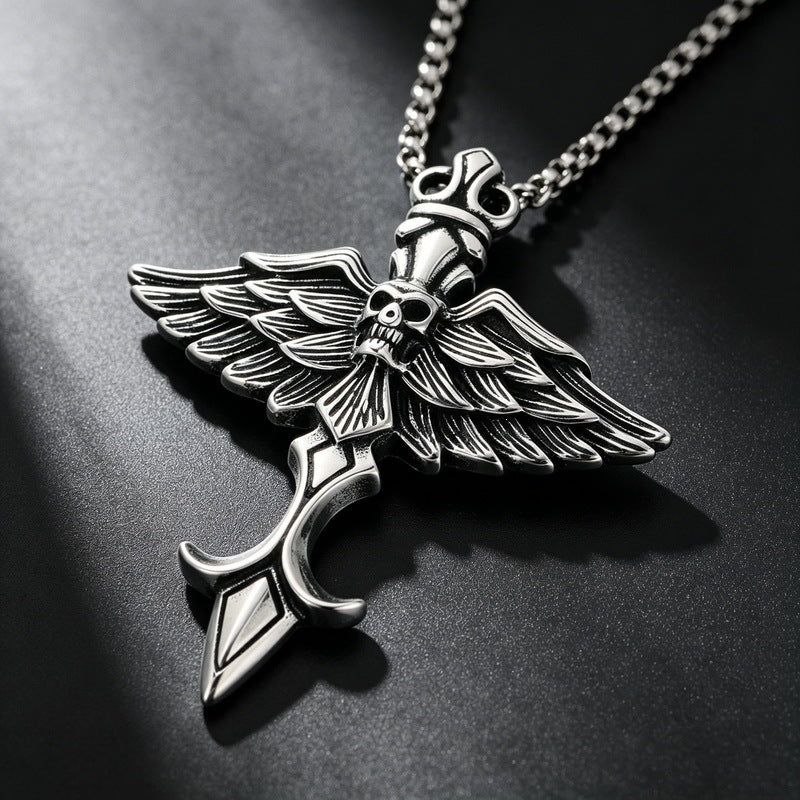 Fallen Angel Pendant Punk Goth Skull Wings Cross Sword Wings Stainless Steel Men's Necklace