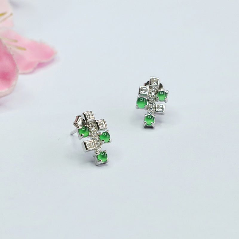 Icy Green Jadeite Cabochon 925 Silver Stud Earrings