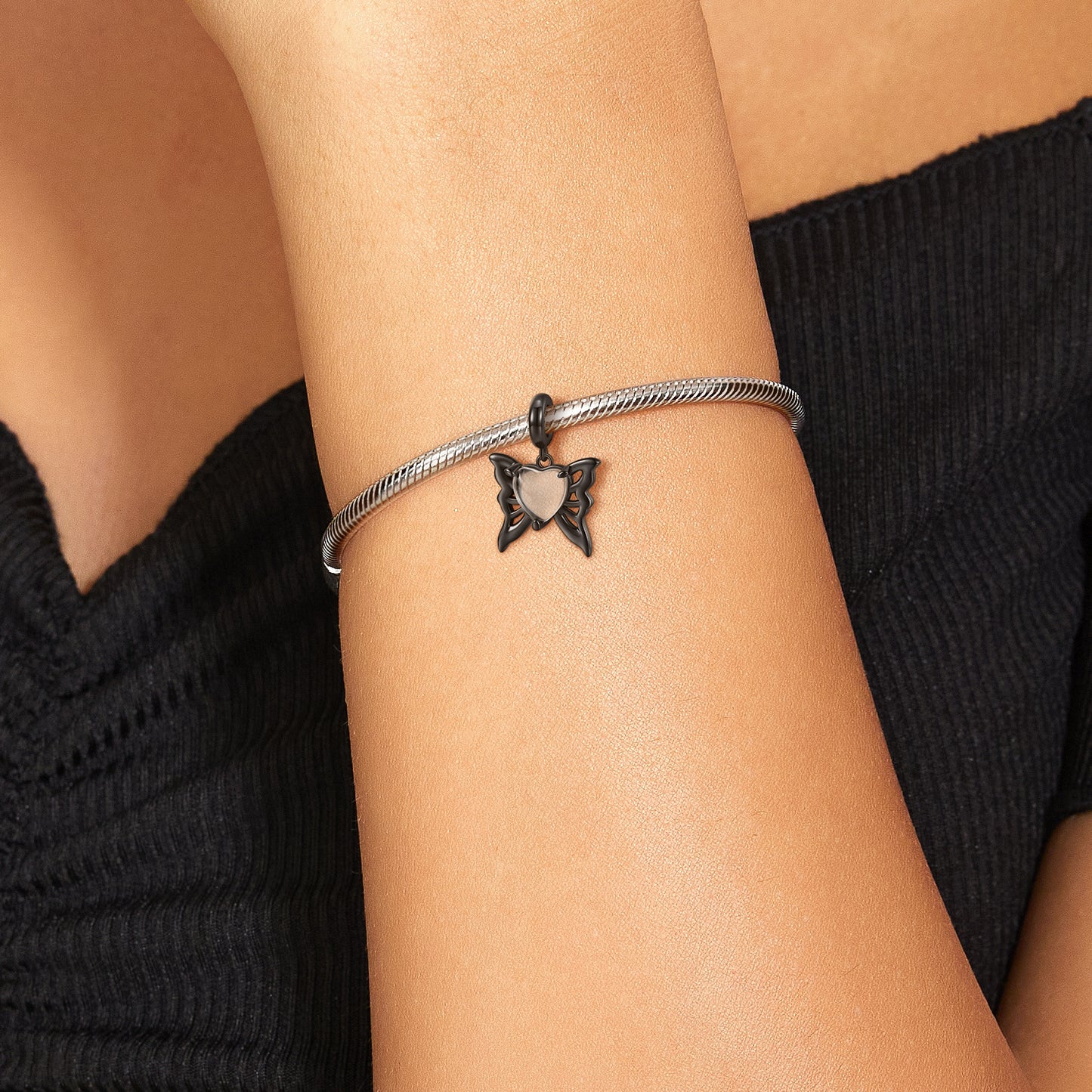 Black Butterfly Heart Shape Glass Silver Pendant