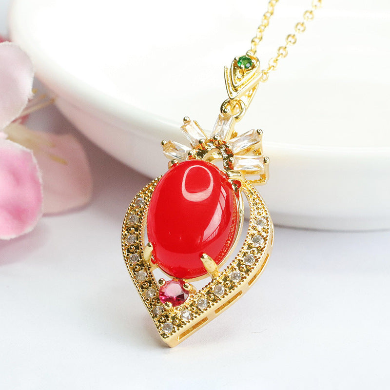 Oval Red Agate Zircon Peach Heart Pendant
