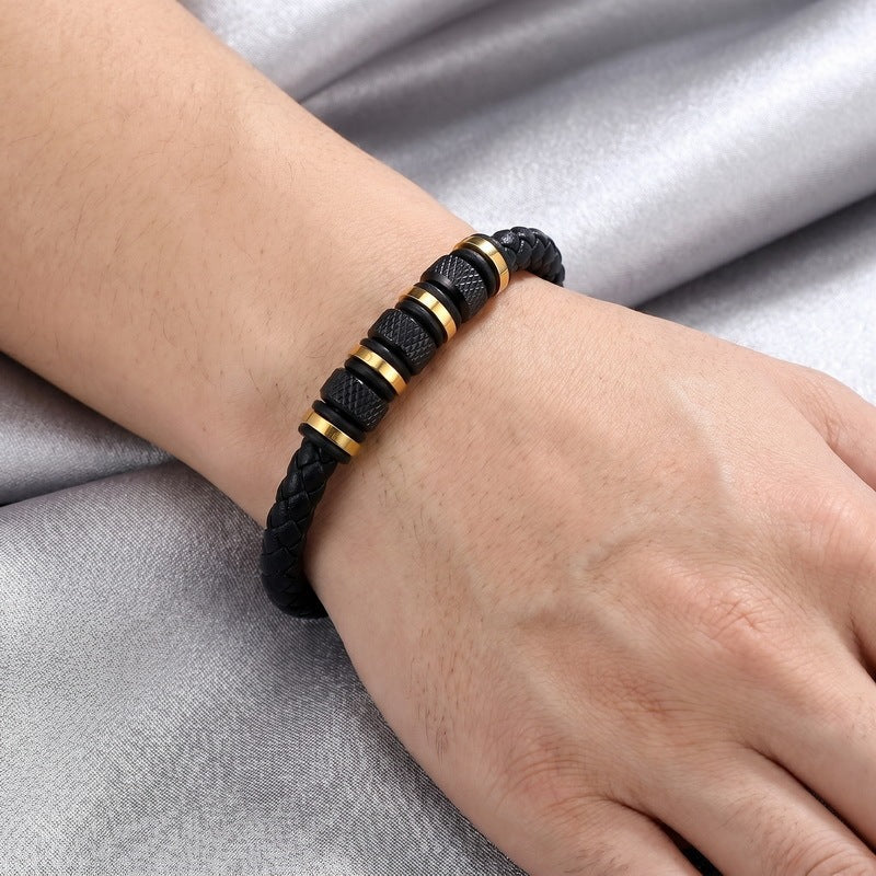 Rhombus Knurled Titanium Steel Ball Woven Microfiber Leather Magnetic Buckle Leather Bracelet