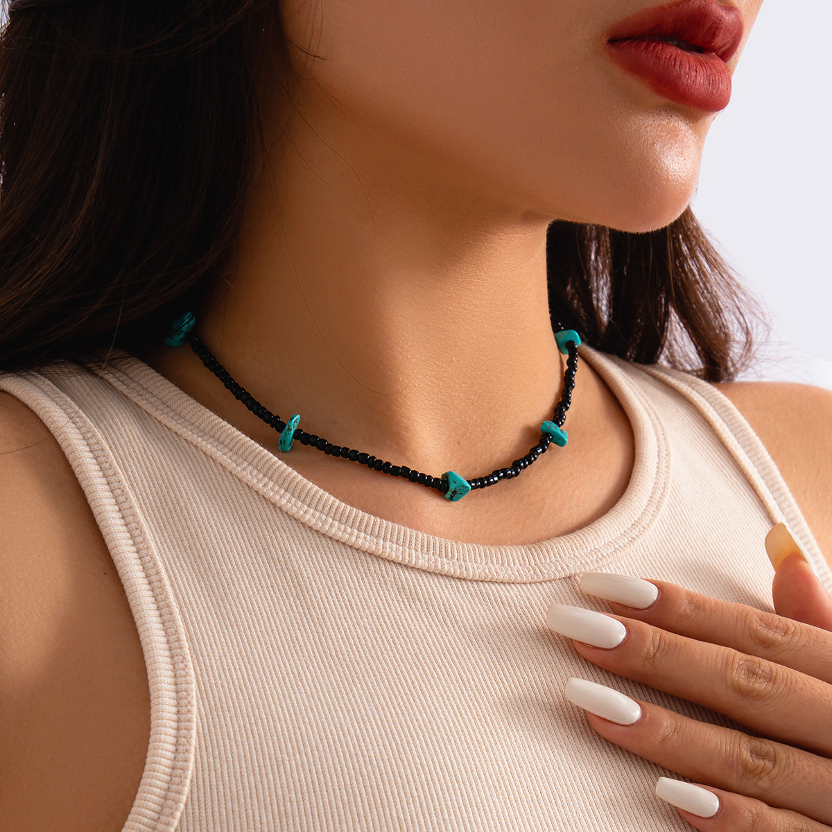 European and American Style Handmade Necklace with Mixed Rice Beads and Turquoise Stones