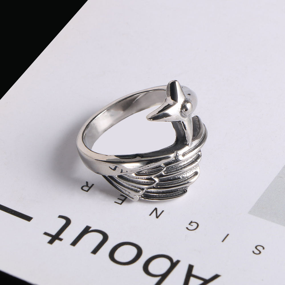Titanium Steel Angel Wings Ring for Men - Fashionable Feather Design Index Finger Accessory