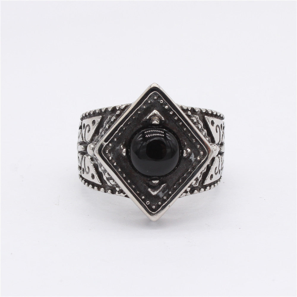 Planderful Titanium Steel Ring Black Stone Retro Rhombus Domineering Design Unisex Protection for Men Women