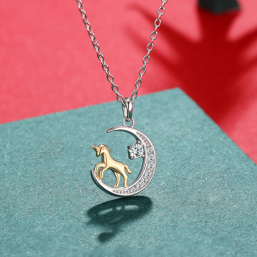 Planderful 925 Sterling Silver Zircon Moon Unicorn Necklace For Women Zodiac Birth Year Gift
